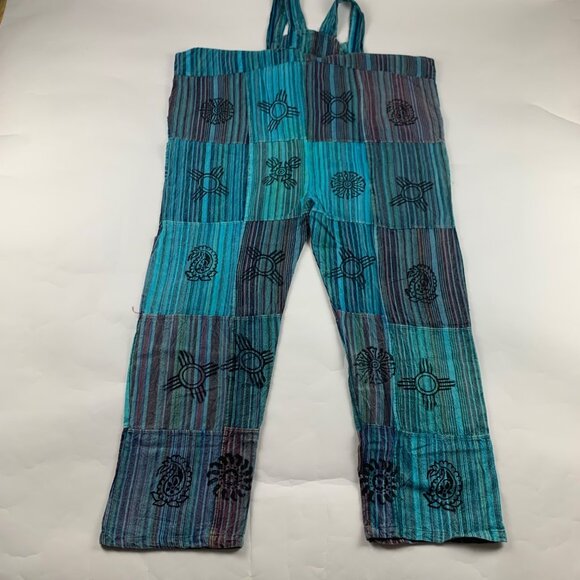 Vintage Wevez Turquoise Striped Cotton Stamp Print Relaxed Overalls One Size - Picture 9 of 9
